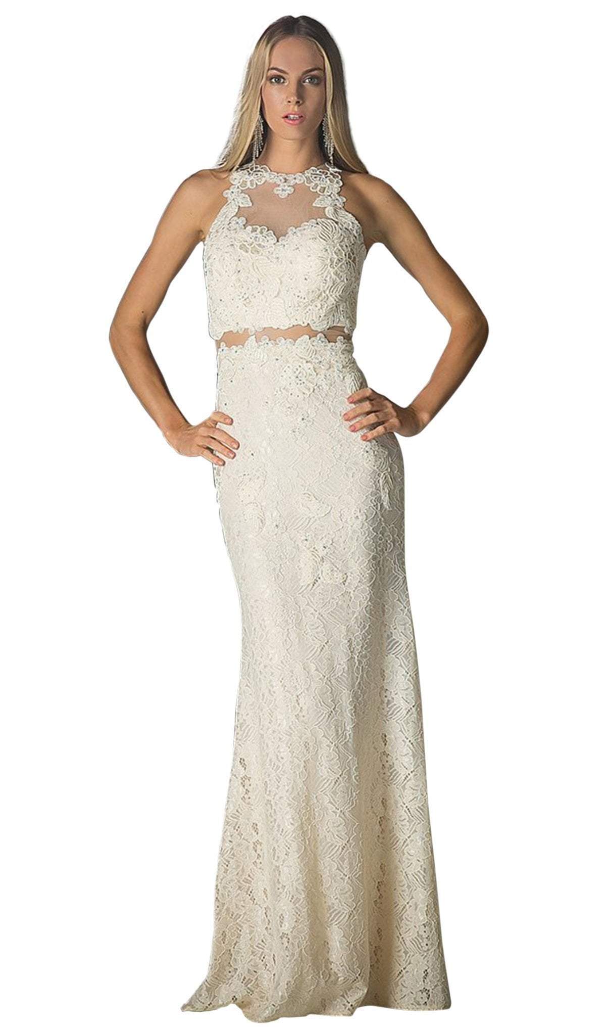 Cinderella Divine - Illusion Lace Appliqued Sheath Gown Special Occasion Dress 2 / Cream