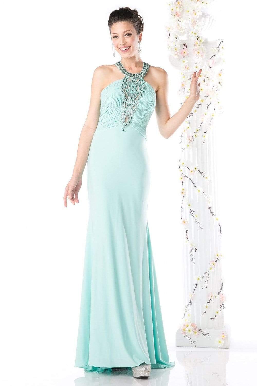 Cinderella Divine - J727 Beaded Halter Sateen Trumpet Dress Evening Dresses 2 / Mint