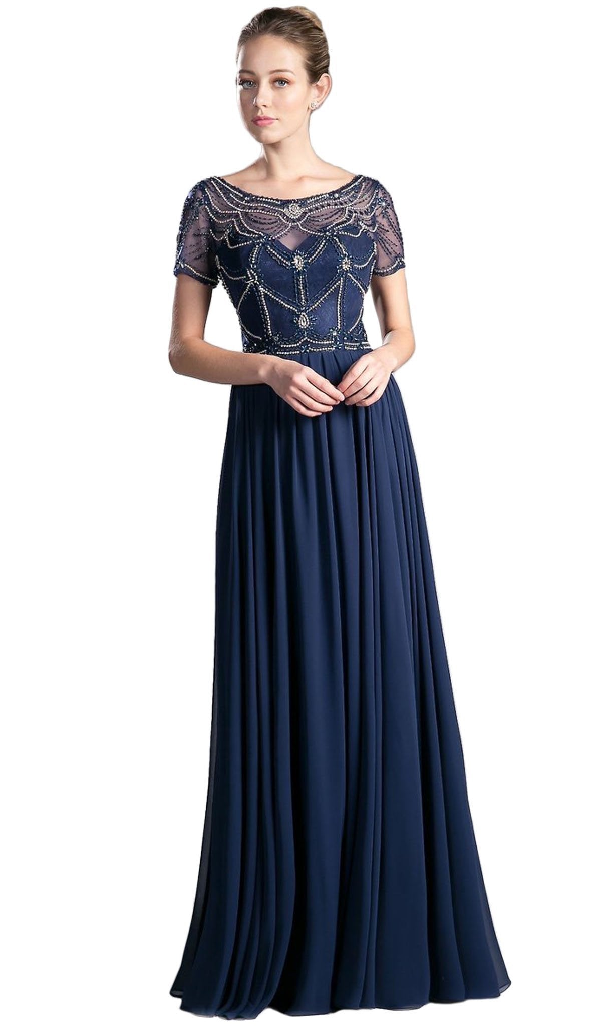 Cinderella Divine - Jewel Beaded Short Sleeve Long Gown Special Occasion Dress XXS / Navy