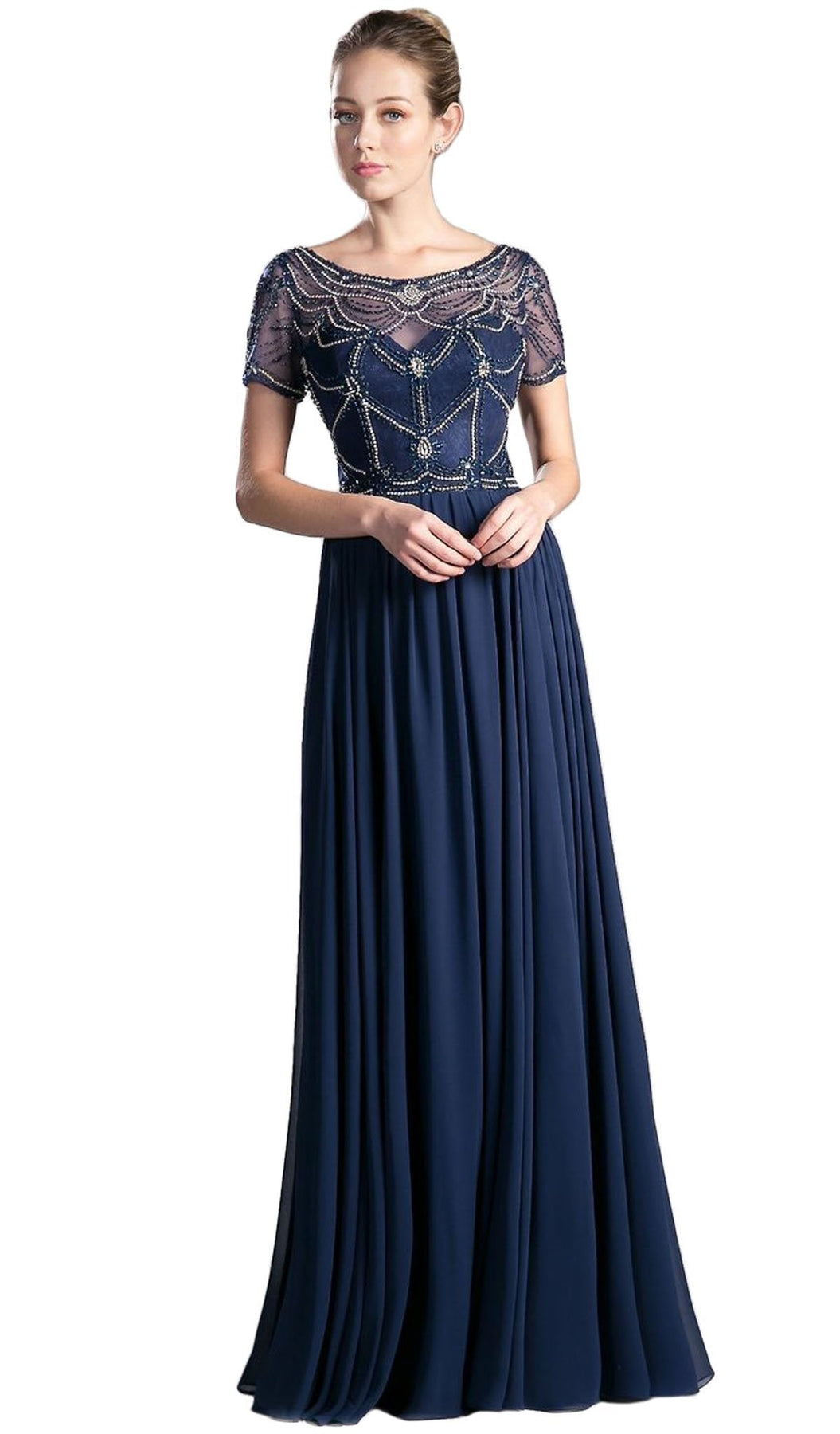 Ladivine - Jewel Beaded Short Sleeve Long Gown Special Occasion Dress XXS / Navy