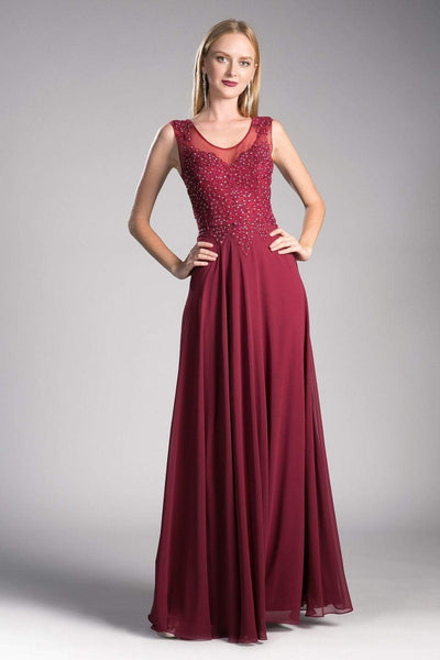 Cinderella Divine - Jeweled Metallic Lace Illusion A-Line Evening Gown Special Occasion Dress XS / Burgundy