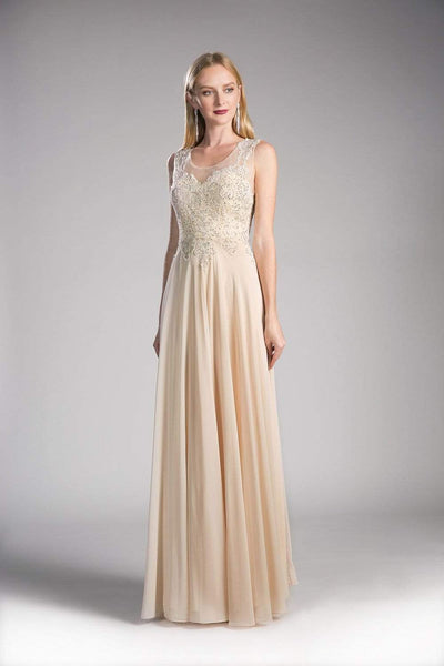 Cinderella Divine - Jeweled Metallic Lace Illusion A-Line Evening Gown Special Occasion Dress XS / Champagne