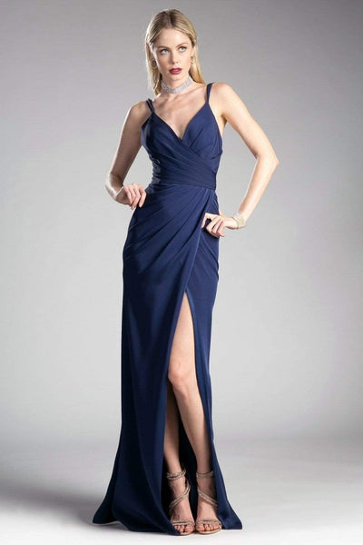 Ladivine - KC1850 Sleeveless Wrap Bodice Drape-Detailed Gown Evening Dresses 2 / Navy