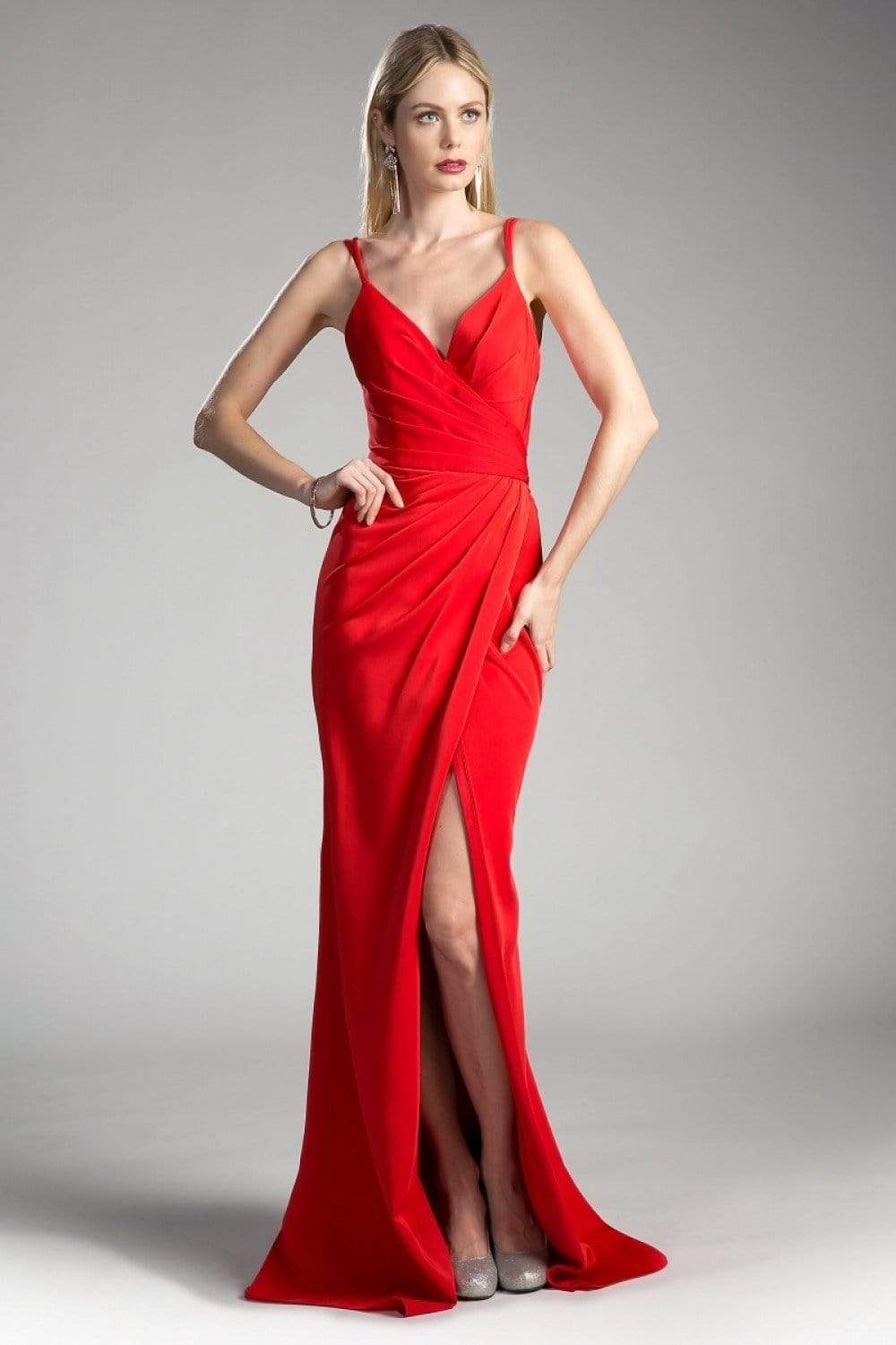 Cinderella Divine - KC1850 Sleeveless Wrap Bodice Drape-Detailed Gown Evening Dresses 2 / Red