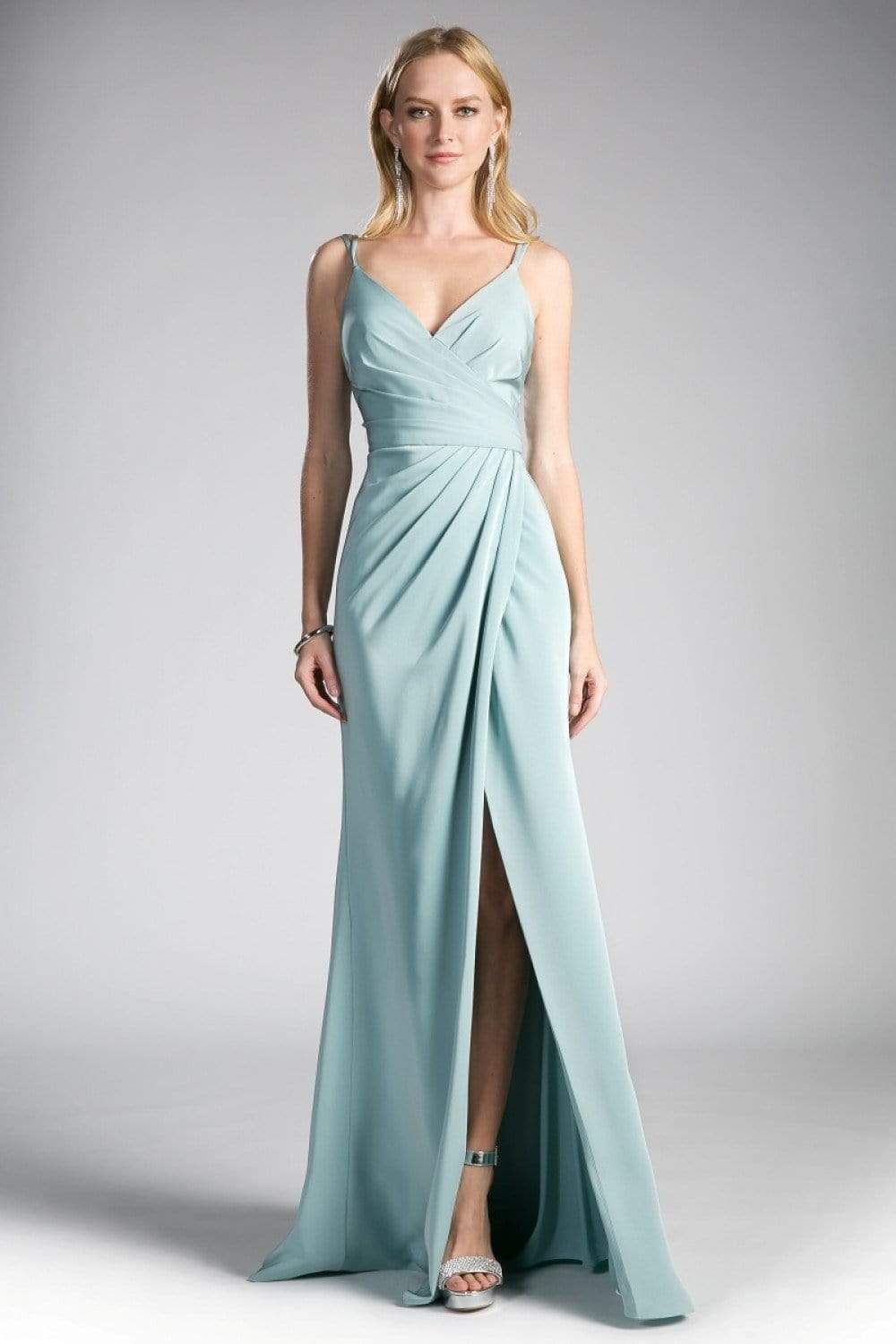 Cinderella Divine - KC1850 Sleeveless Wrap Bodice Drape-Detailed Gown Evening Dresses 2 / Seafoam Blue