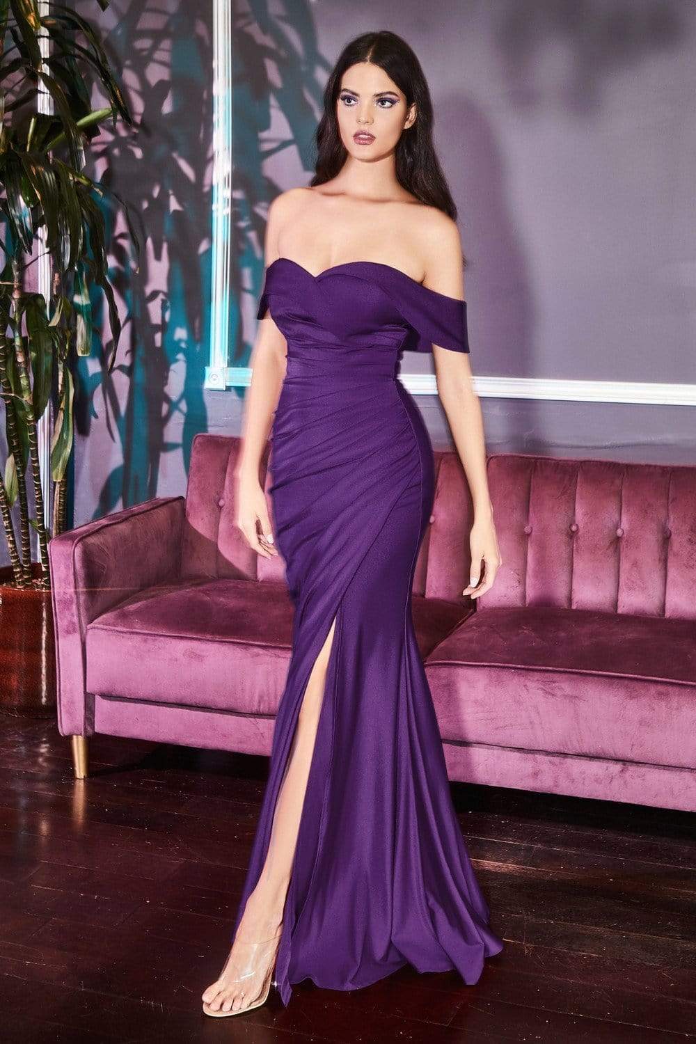 Cinderella Divine - KV1050 Off Shoulder Fitted Jersey Evening Gown Bridesmaid Dresses 2 / Eggplant