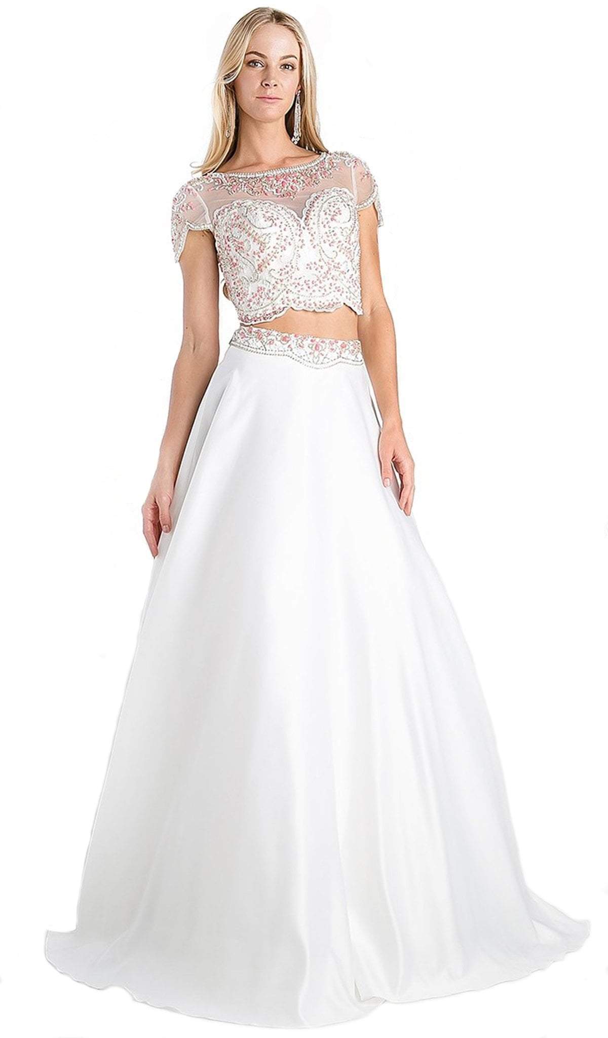 Cinderella Divine - Lace Cap Sleeve Two-Piece Satin A-line Evening Gown in White