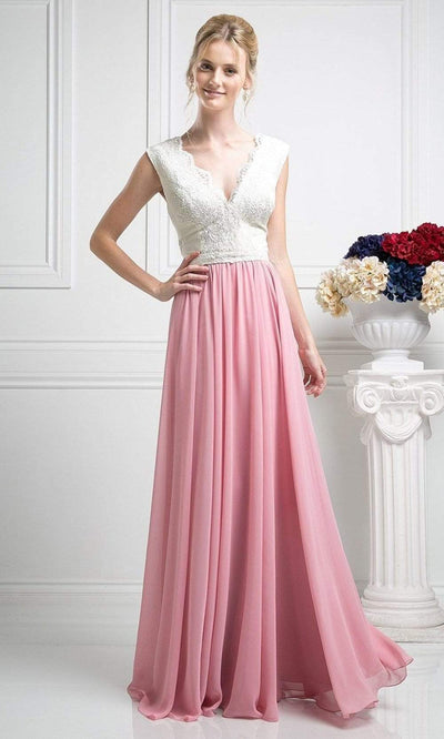 Cinderella Divine - Lace Scalloped V-neck A-line Dress Special Occasion Dress XS / Ivory-Dusty Rose