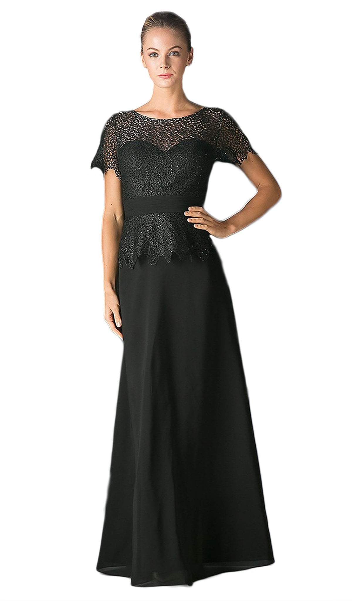 Cinderella Divine - Lace Short Sleeve Illusion Bateau Sheath Dress Special Occasion Dress XS / Black