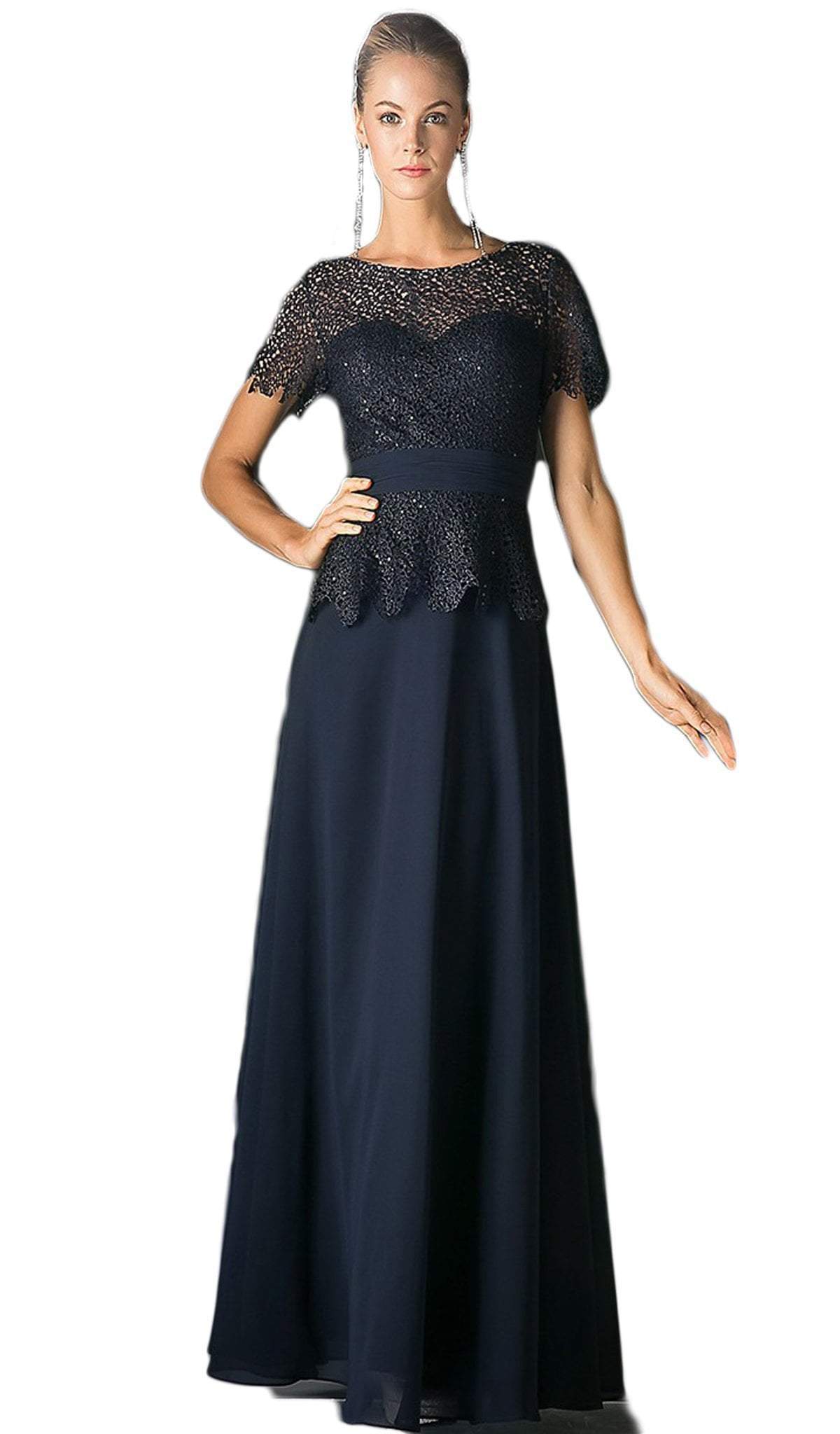 Cinderella Divine - Lace Short Sleeve Illusion Bateau Sheath Dress Special Occasion Dress XS / Navy