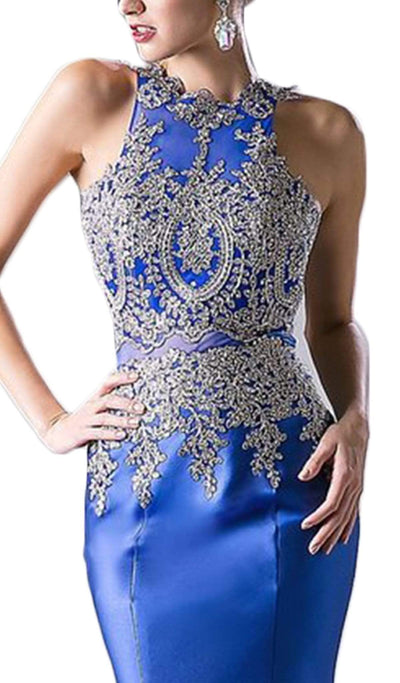 Cinderella Divine - Metallic Lace Adorned High Neck Mermaid Evening Gown Special Occasion Dress
