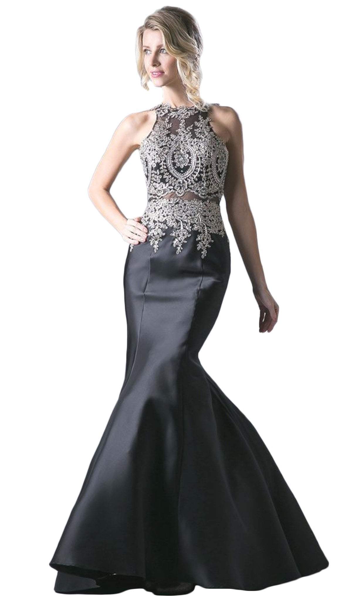 Cinderella Divine - Metallic Lace Adorned High Neck Mermaid Evening Gown Special Occasion Dress 2 / Black