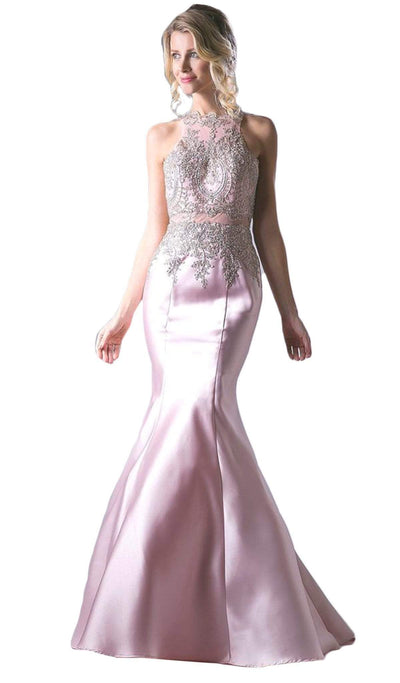 Cinderella Divine - Metallic Lace Adorned High Neck Mermaid Evening Gown Special Occasion Dress 2 / Blush