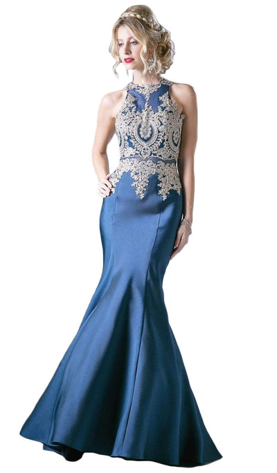 Cinderella Divine - Metallic Lace Adorned High Neck Mermaid Evening Gown Special Occasion Dress 2 / Navy