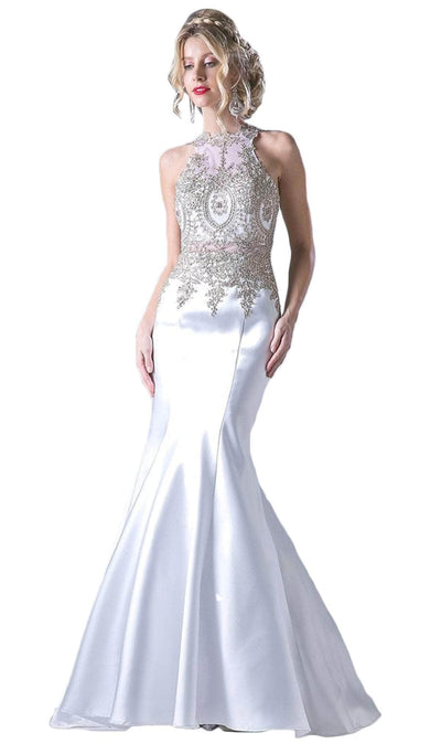 Cinderella Divine - Metallic Lace Adorned High Neck Mermaid Evening Gown Special Occasion Dress 2 / Off White
