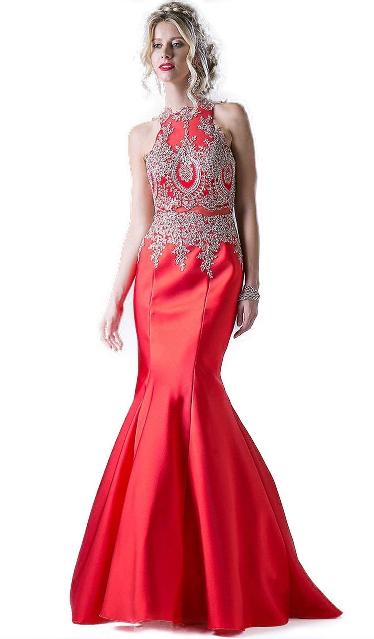 Cinderella Divine - Metallic Lace Adorned High Neck Mermaid Evening Gown Special Occasion Dress 2 / Red