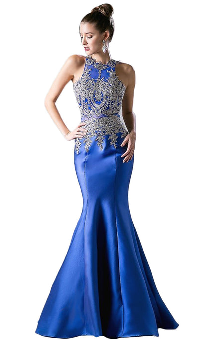 Cinderella Divine - Metallic Lace Adorned High Neck Mermaid Evening Gown Special Occasion Dress 2 / Royal