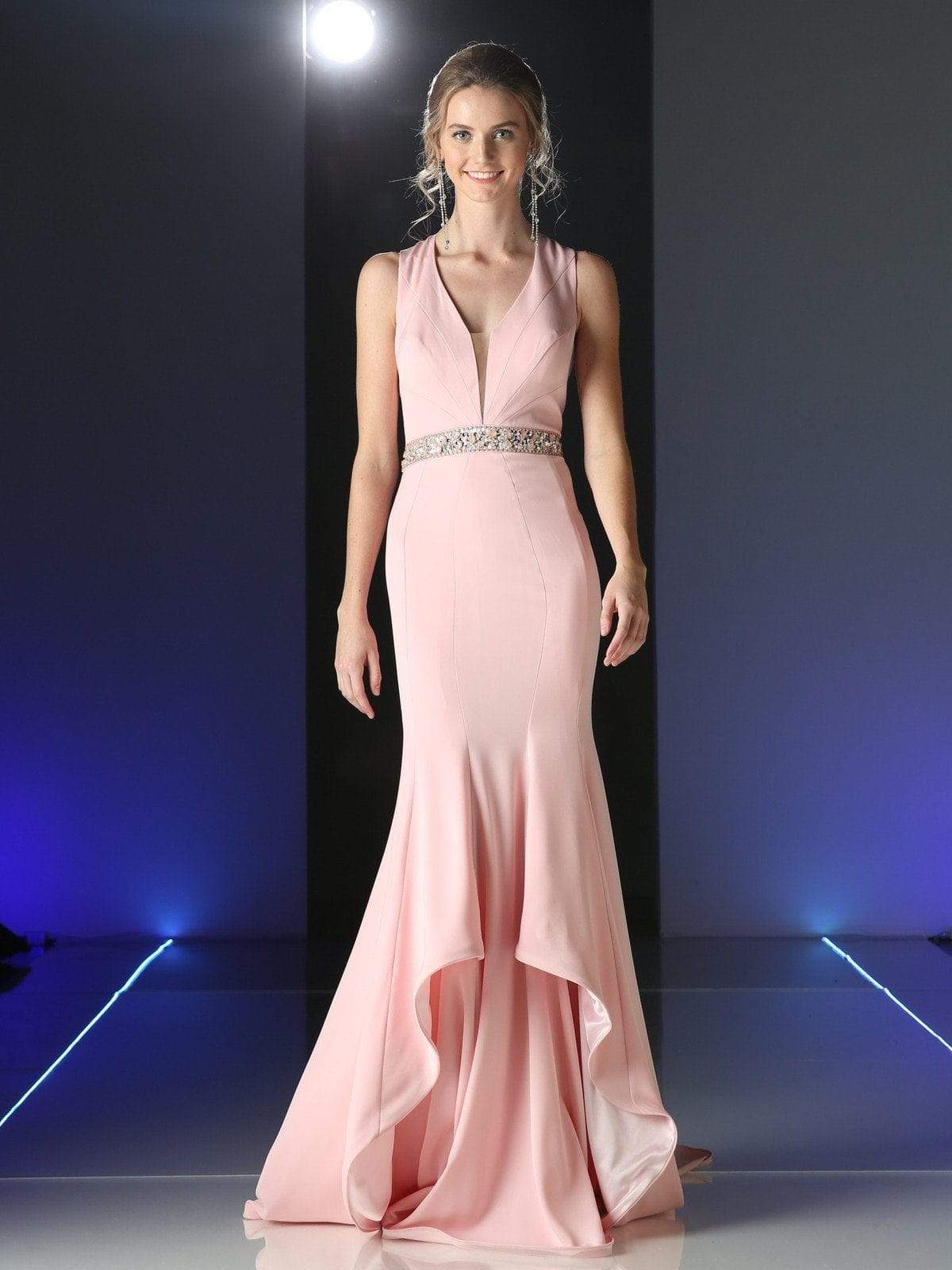 Ladivine - P107 Bead Accented Deep V-neck Trumpet Dress Special Occasion Dress 2 / Blush