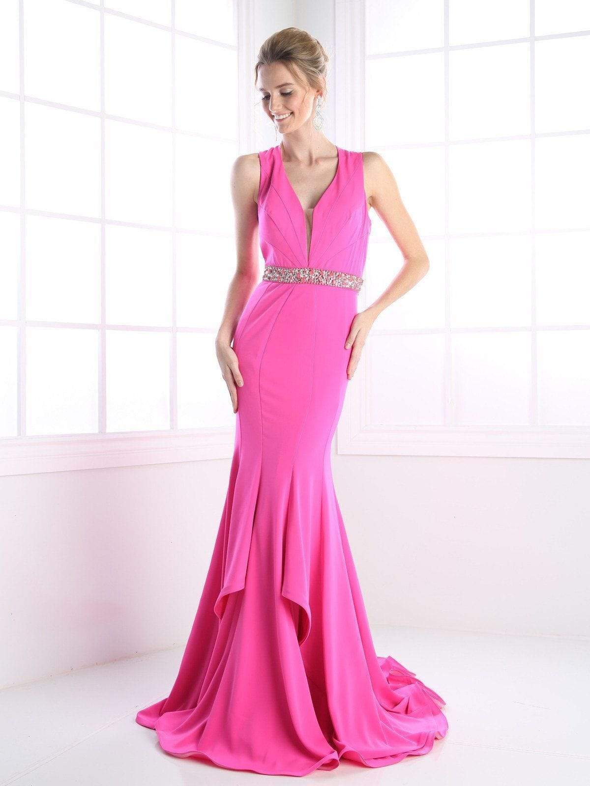 Ladivine - P107 Bead Accented Deep V-neck Trumpet Dress Special Occasion Dress 2 / Fuchsia