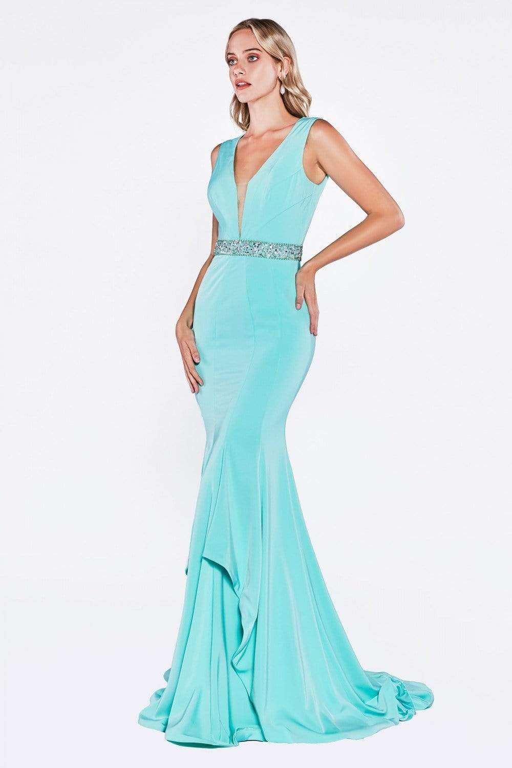 Ladivine - P107 Bead Accented Deep V-neck Trumpet Dress Special Occasion Dress 2 / Mint