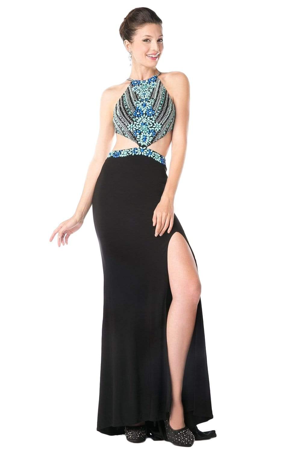 Cinderella Divine - S5241 Beaded Cut-Out Long Dress Evening Dresses 2 / Black