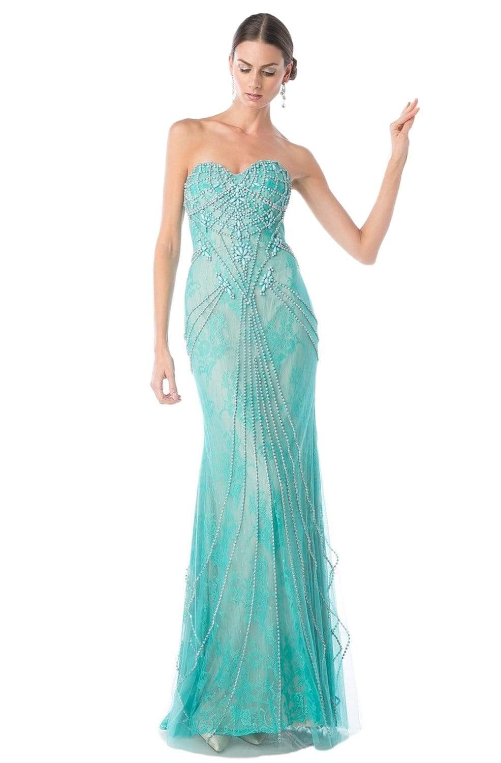 Cinderella Divine - S551421 Strapless Laced Long Dress Prom Dresses 2 / Jade