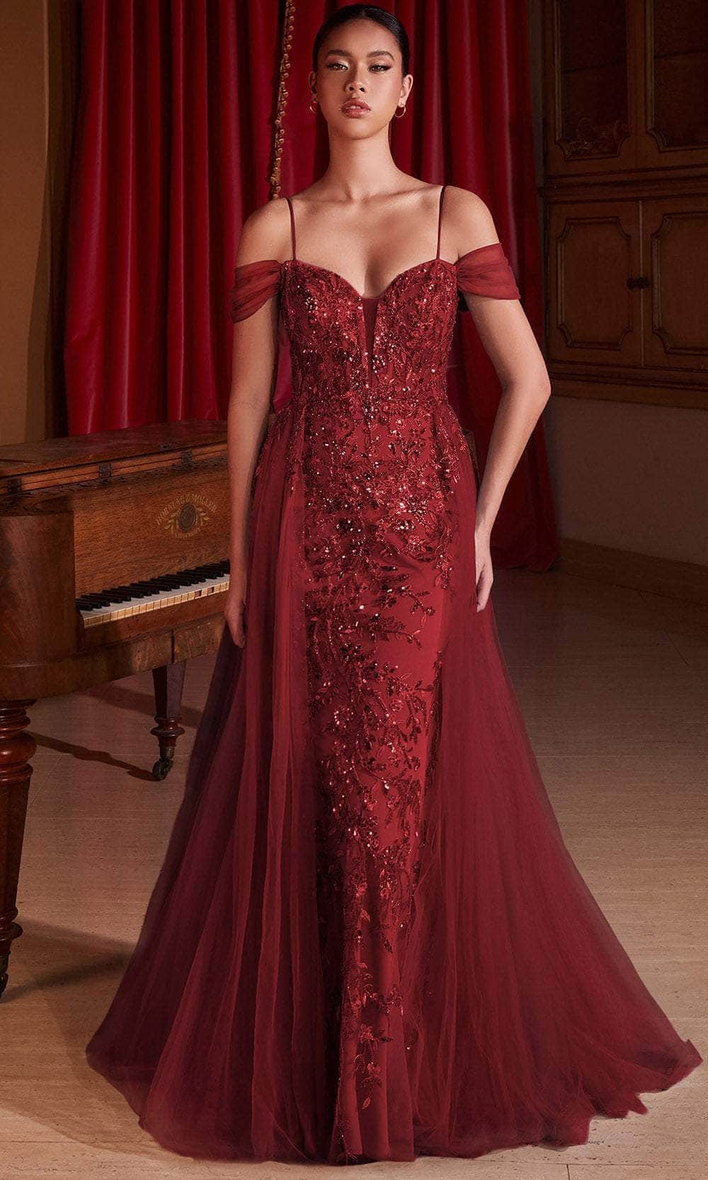 Cinderella Divine SF009 - Cold Shoulder Sequin Embellished Prom Gown Pageant Dresses 2 / Burgundy