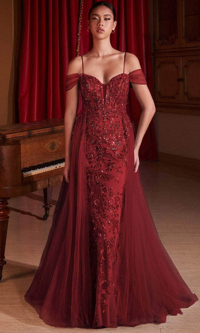 Cinderella Divine SF009 - Cold Shoulder Sequin Embellished Prom Gown Pageant Dresses 2 / Burgundy