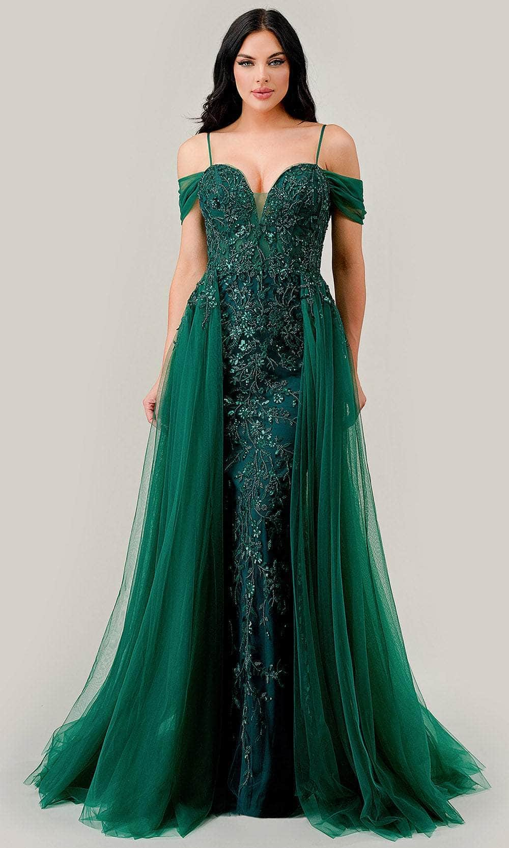 Cinderella Divine SF009 - Cold Shoulder Sequin Embellished Prom Gown Pageant Dresses 2 / Emerald