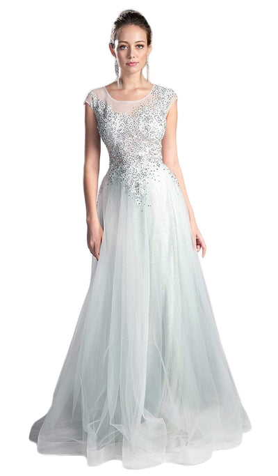 Cinderella Divine - Sheer Scoop Beaded Tulle A-Line Evening Gown Special Occasion Dress 2 / Ice Silver