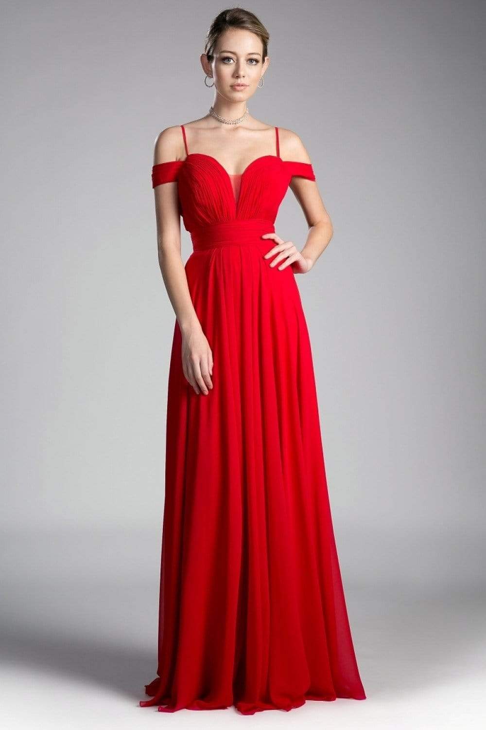 Cinderella Divine - Shirred Plunging Sweetheart Cold Shoulder Chiffon Gown Prom Dresses 2 / Red