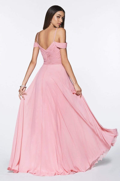 Cinderella Divine - Shirred Plunging Sweetheart Cold Shoulder Chiffon Gown Prom Dresses