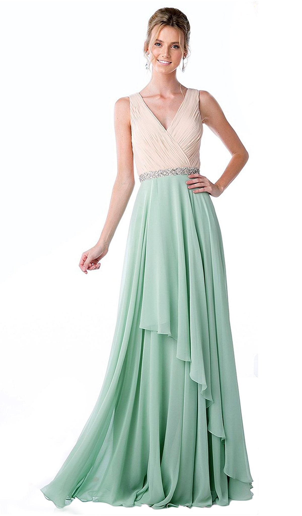 Cinderella Divine - Shirred Surplice Bodice Cascading A-Line Evening Gown Special Occasion Dress XS / Cham-Mint