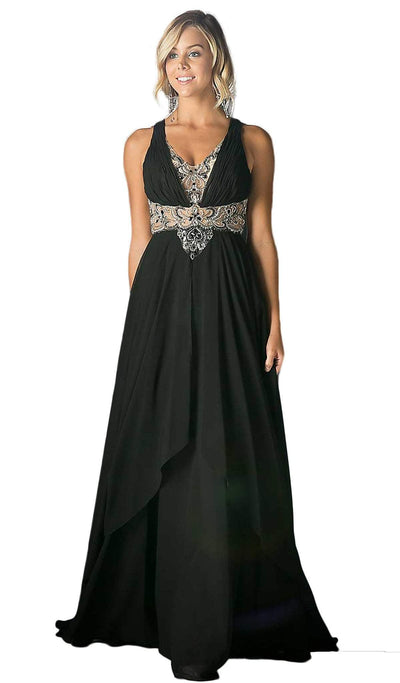 Cinderella Divine - Sleeveless Embellished Ruched A-line Dress Special Occasion Dress 2 / Black