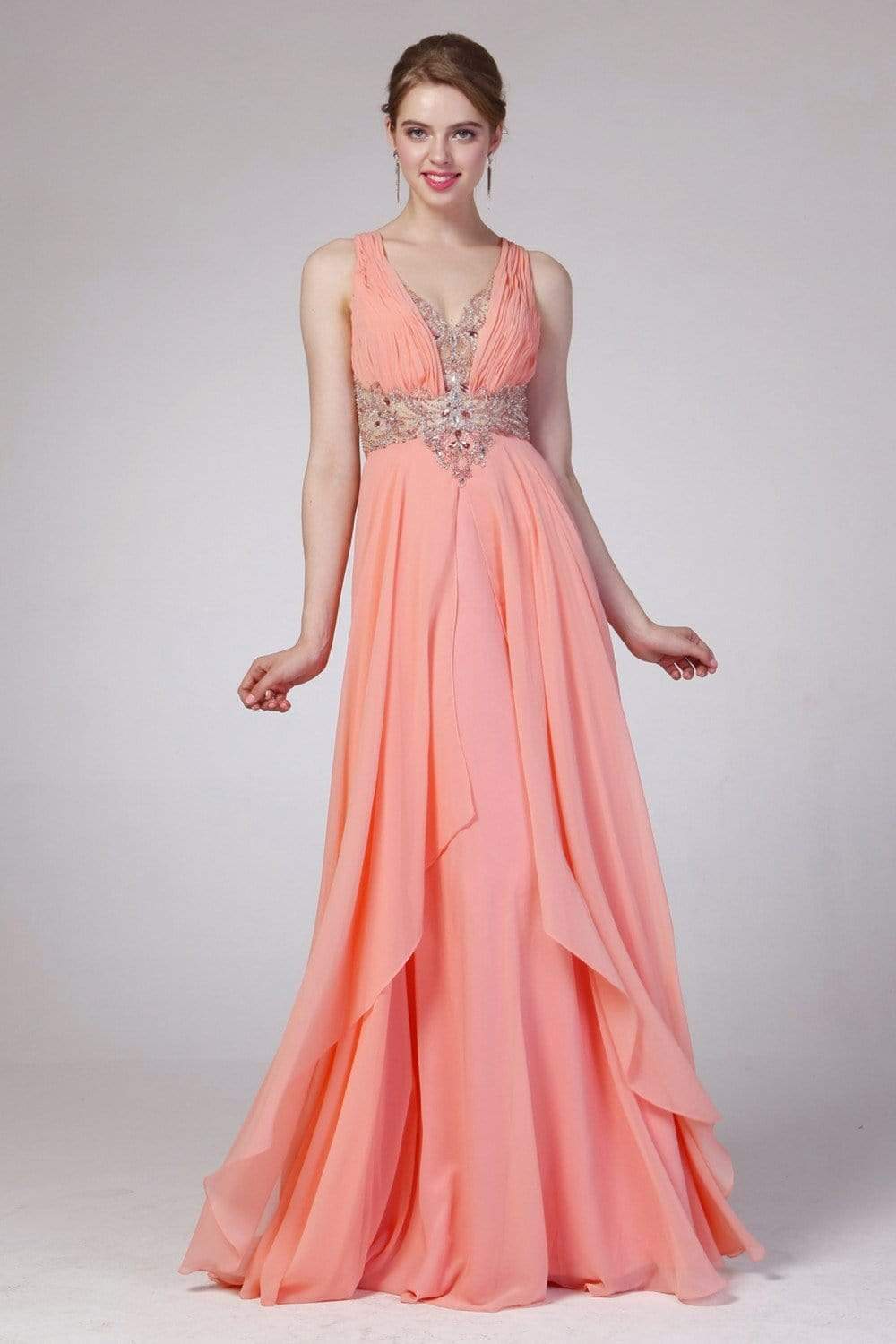 Cinderella Divine - Sleeveless Embellished Ruched A-line Dress Special Occasion Dress 2 / Coral