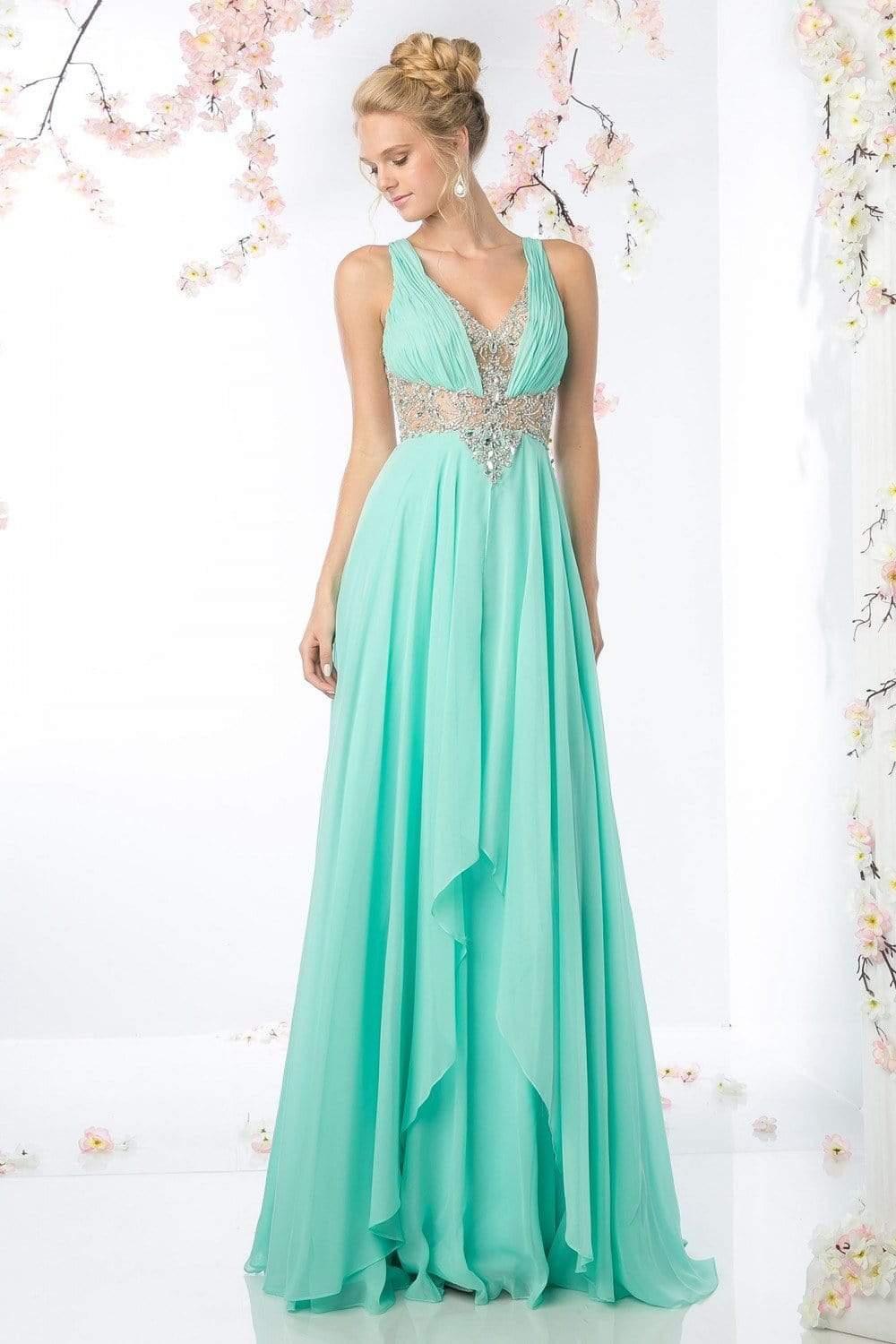 Cinderella Divine - Sleeveless Embellished Ruched A-line Dress Special Occasion Dress 2 / Mint