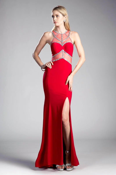 Cinderella Divine - Sleeveless Embellished Sheer Halter Fitted Dress Prom Dresses XXS / Red