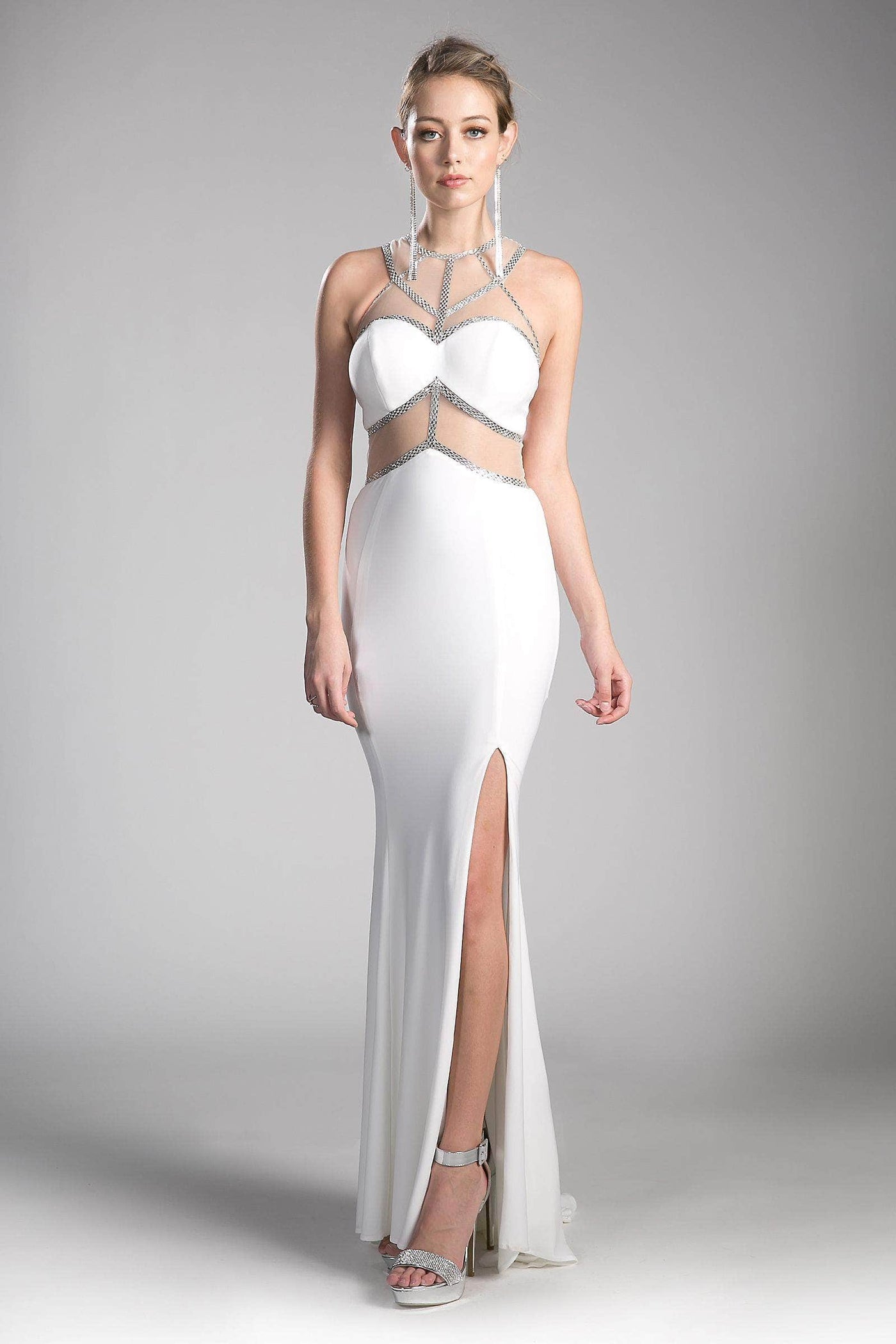 Cinderella Divine - Sleeveless Embellished Sheer Halter Fitted Dress Prom Dresses XXS / White