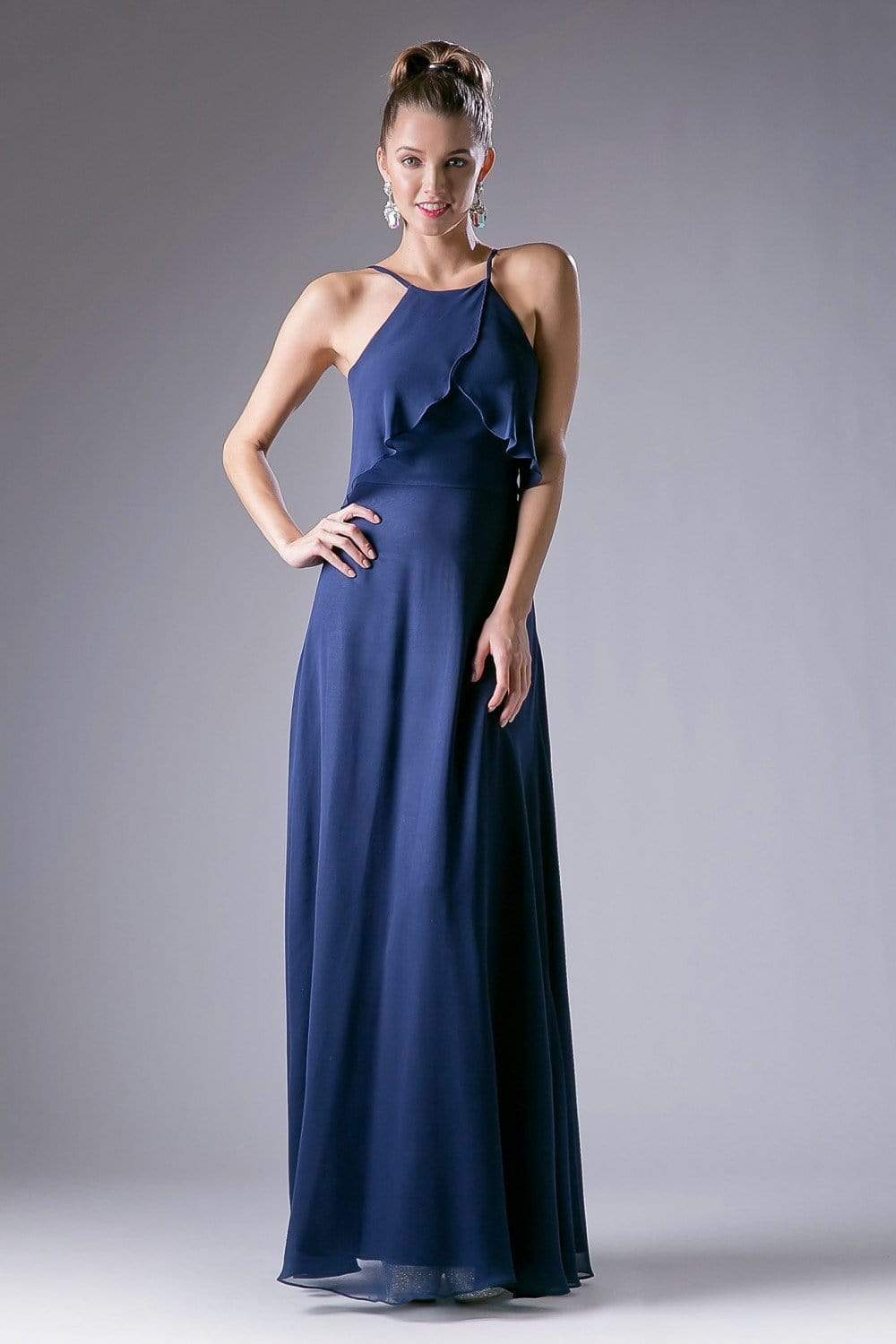 Cinderella Divine - Sleeveless Flounce Halter Neck Sheath Dress Special Occasion Dress XS / Navy