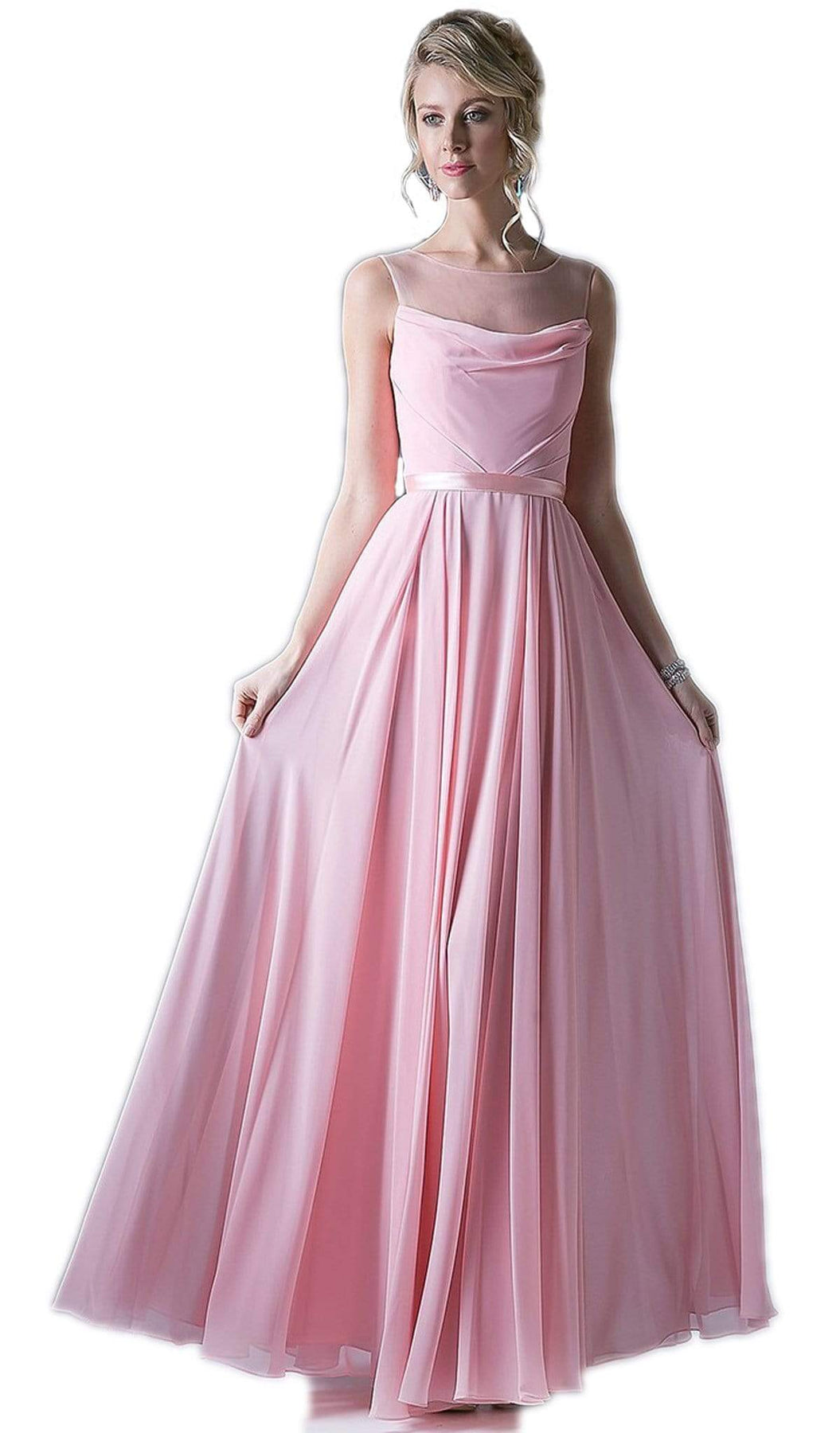 Cinderella Divine - Sleeveless Illusion Bateau Pleated A-line Dress Special Occasion Dress 2 / Blush