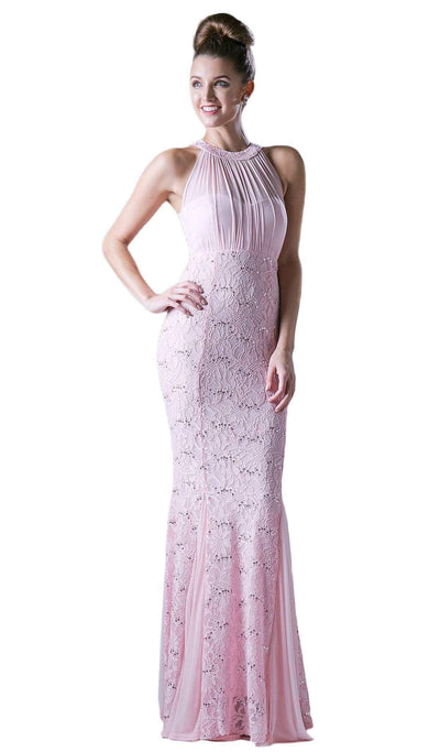Cinderella Divine - Sleeveless Lace Illusion Halter Sheath Dress Special Occasion Dress XS / Blush