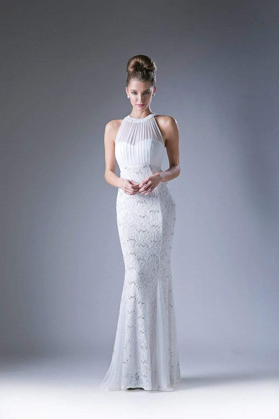 Cinderella Divine - Sleeveless Lace Illusion Halter Sheath Dress Special Occasion Dress XS / Ivory