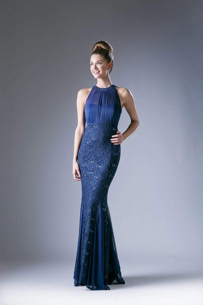 Cinderella Divine - Sleeveless Lace Illusion Halter Sheath Dress Special Occasion Dress XS / Navy