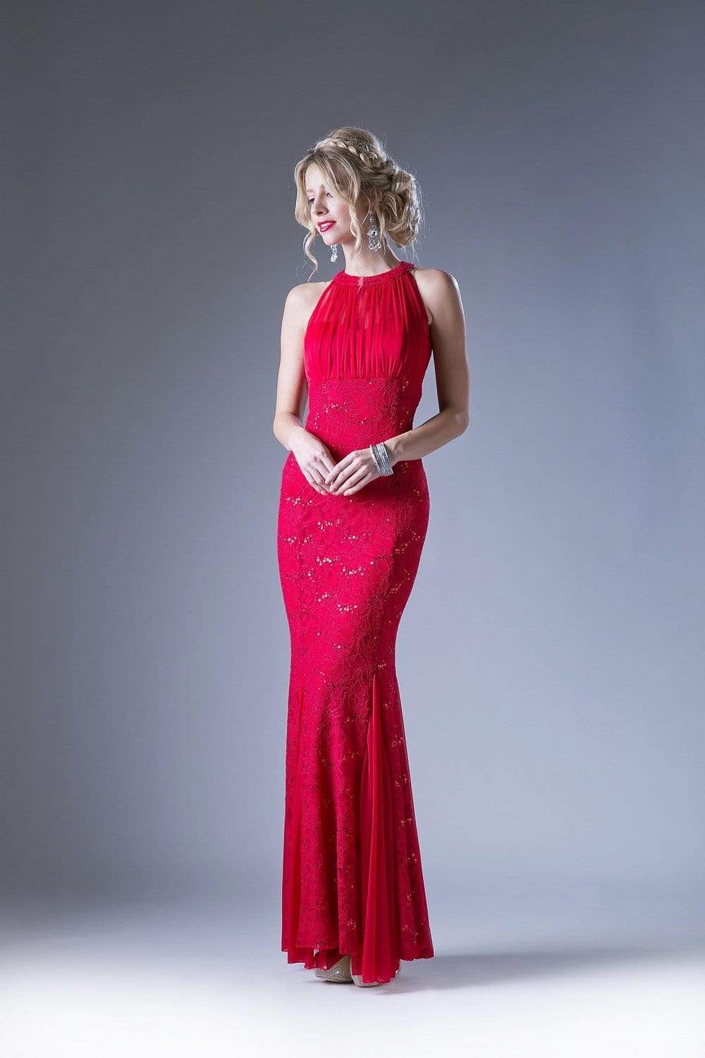 Cinderella Divine - Sleeveless Lace Illusion Halter Sheath Dress Special Occasion Dress XS / Red
