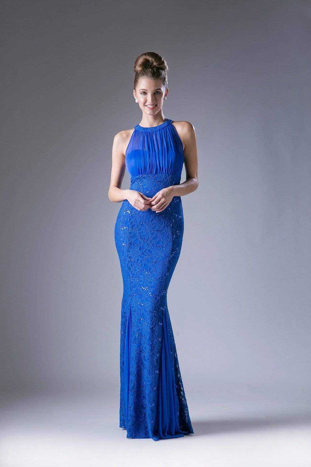 Cinderella Divine - Sleeveless Lace Illusion Halter Sheath Dress Special Occasion Dress XS / Royal