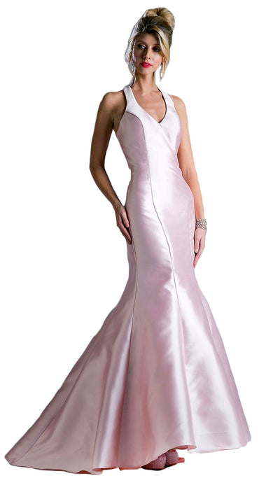 Cinderella Divine - Sleeveless Low V-Neck Satin Trumpet Evening Gown Special Occasion Dress 2 / Blush