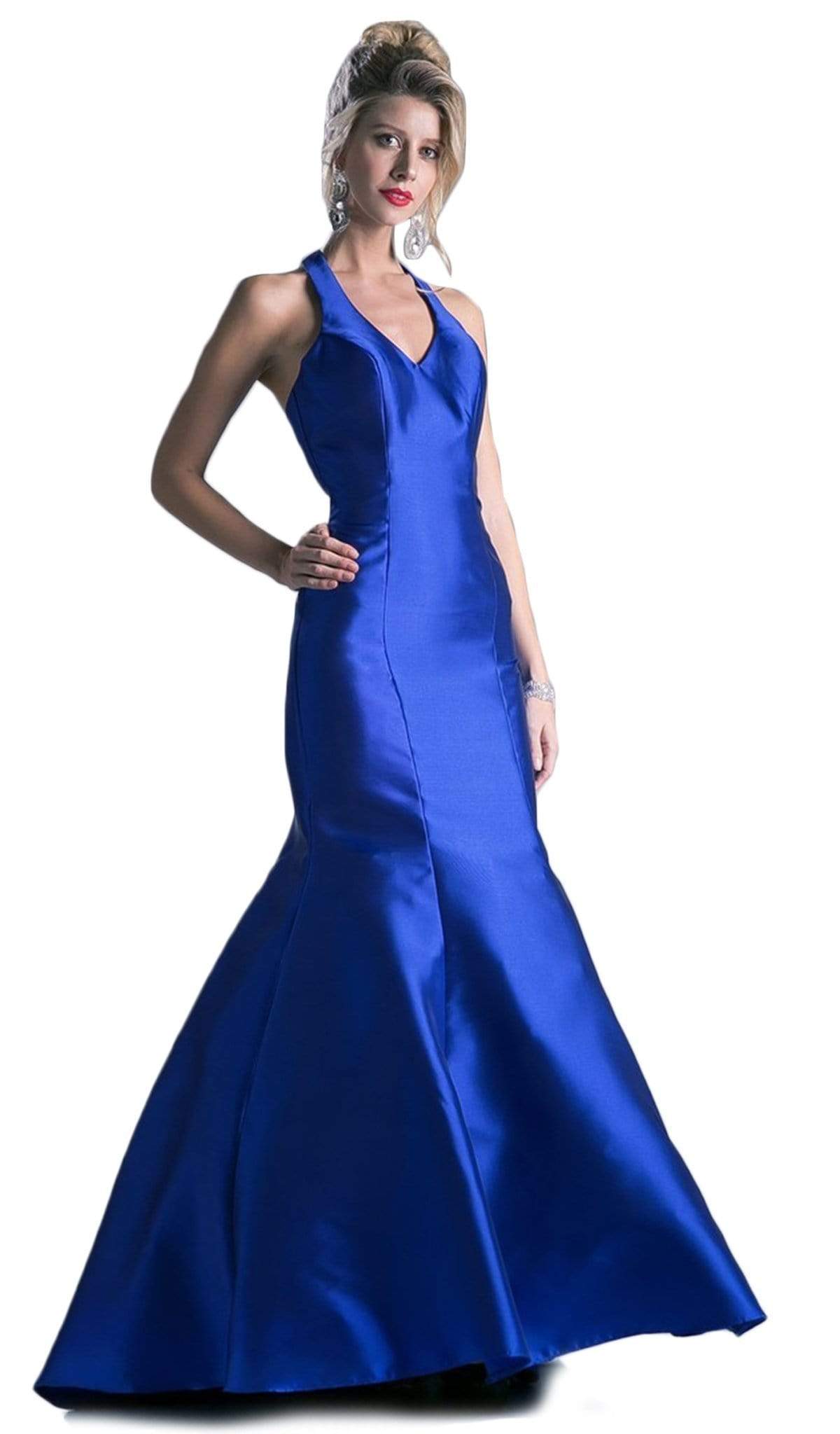 Cinderella Divine - Sleeveless Low V-Neck Satin Trumpet Evening Gown Special Occasion Dress 2 / Royal