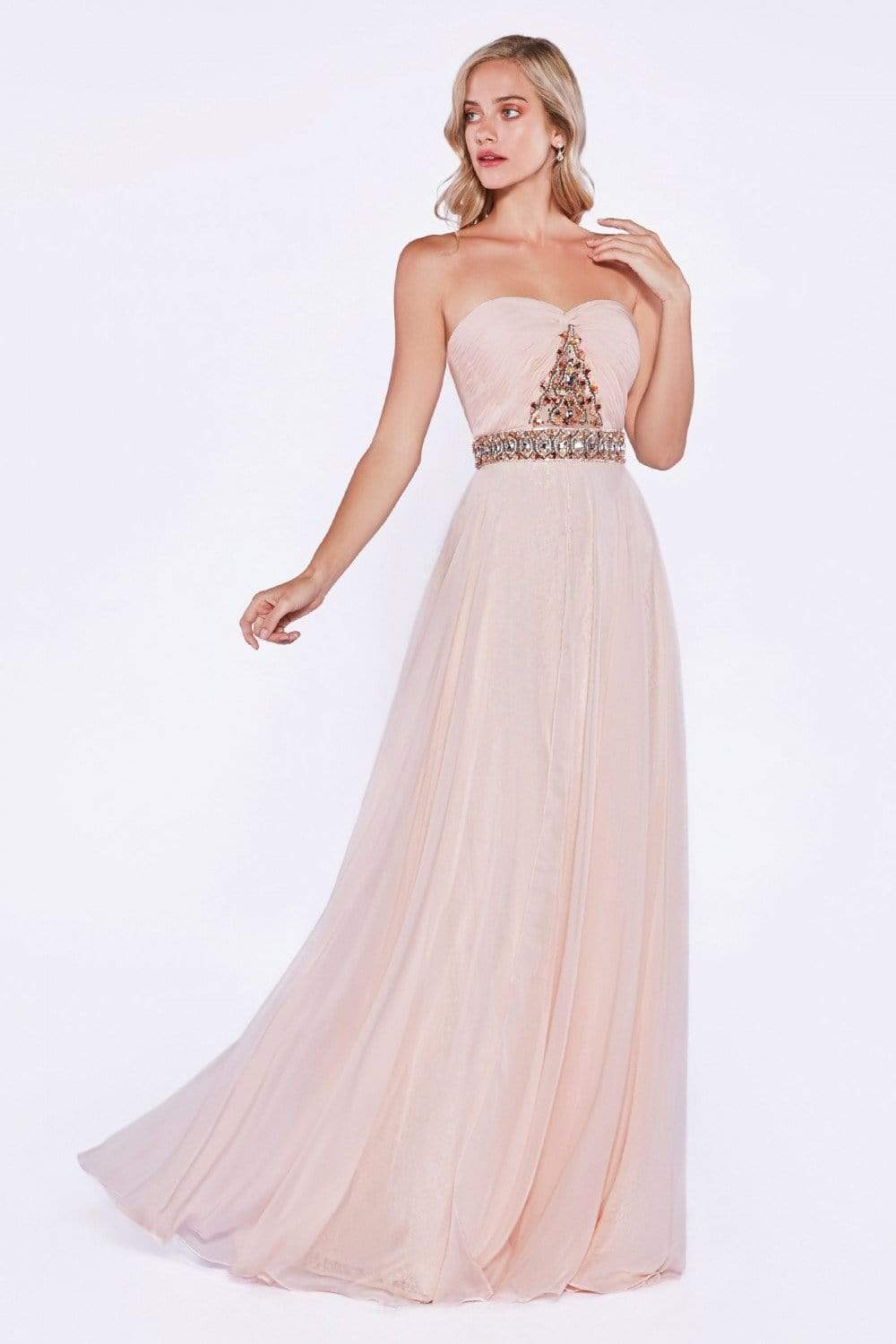 Cinderella Divine - Strapless Bejeweled Chiffon A-line Gown Special Occasion Dress 2 / Blush