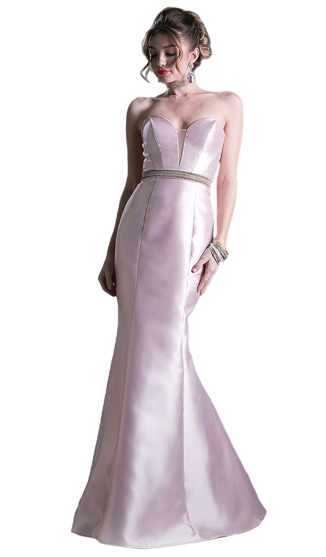 Cinderella Divine - Strapless Plunging Sweetheart Jeweled Mermaid Gown Special Occasion Dress 2 / Blush