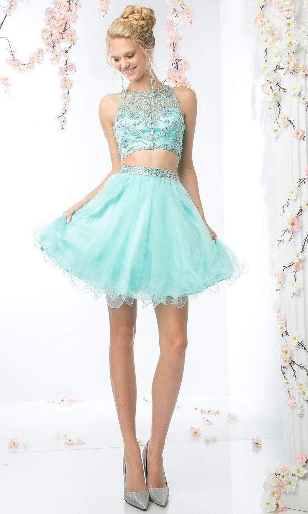 Cinderella Divine - Two-Piece Crystal Ornate Illusion A-Line Dress Special Occasion Dress 2 / Mint